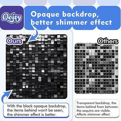 Qcity Black Shimmer Wall Backdrop 24PCS, Black Back Not See-Through Design, Square Sequin Glitter Backdrop Panel, Perfect for Outdoor Events, Birthdays, Wedding and Party Decoration