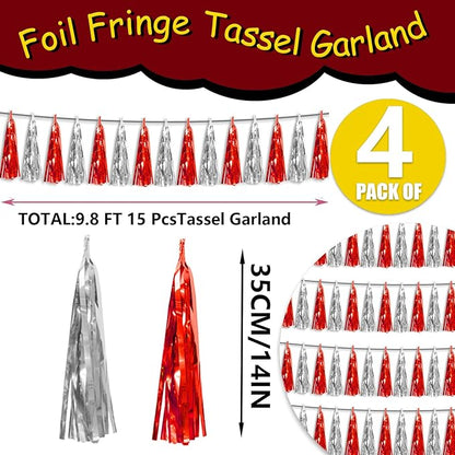 4P Red Silver Foil Fringe Metallic Tassel Streamers Banner Tassel Garland for Parade Floats, Graduation, Wedding, Birthday, Halloween, Christmas, Bridal/Baby Shower Party Decorations