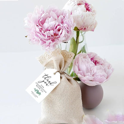 Andaz Press 100-Pack Personalized Thank You for Celebrating with Us Wedding Favor Tags with Bakers Twine Minimal Eucalyptus Leaf Custom Cardstock Wedding Gift Tags for Party Favors 2 x 3.75-Inches