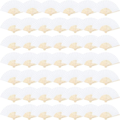 Aneco 48 Pieces Handheld Paper Fans Paper Folding Fans with Bamboos for Wedding Gift, Party, Home, DIY, White
