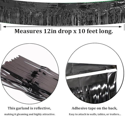 6 Pack Black Total 60 Feet Foil Fringe Garland Metallic Tinsel Banner Wall Hanging Drapes Parade Float Skirting Decorations for Trailer Mardi Gras Party Birthday Wedding (Black)
