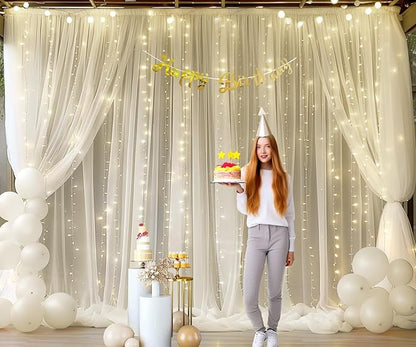 Ivory Sheer Backdrop Curtains with Lights String for Parites Wedding 10×8ft Tulle Backdrop Curtains for Baby Shower Birthday Party Photo Shoot Background Decorations