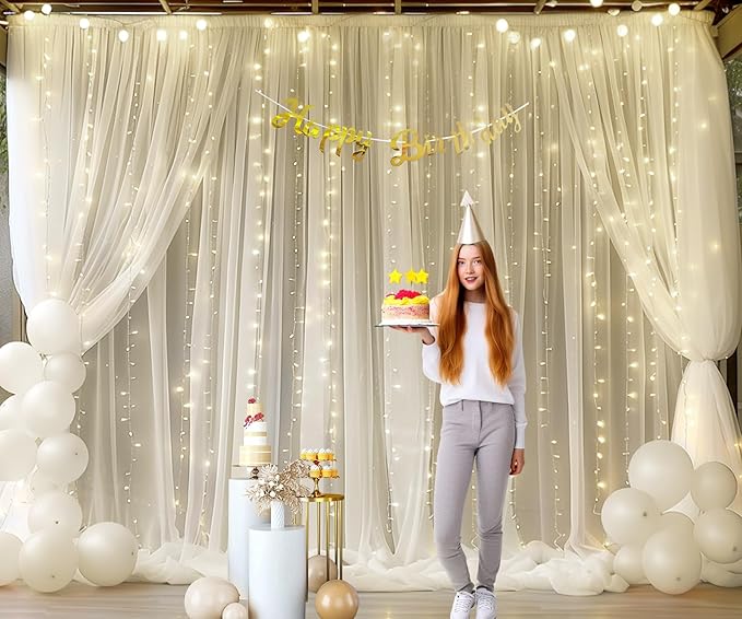 Ivory Tulle Backdrop Curtains with Lights String for Parites Wedding 10×10ft Sheer Backdrop Curtains for Baby Shower Birthday Party Photo Shoot Background Decorations