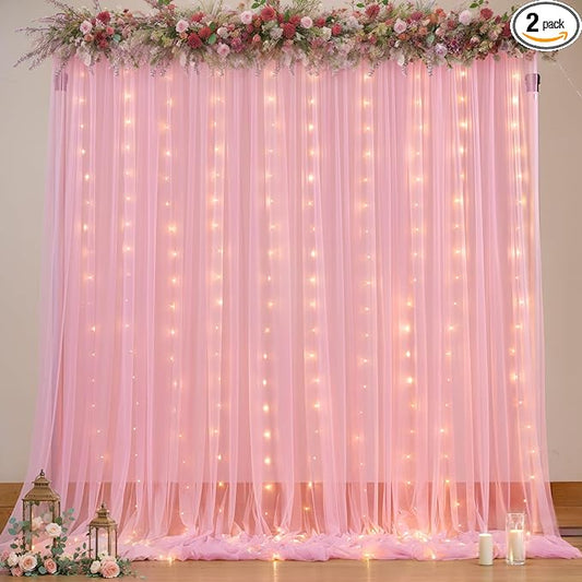 Sheer Backdrop Curtains with Lights String for Weddings Baby Showers, 10x10ft Sheer Tulle Photo Backdrop Curtains for Birthday Party Photography Background Decoration, Pink