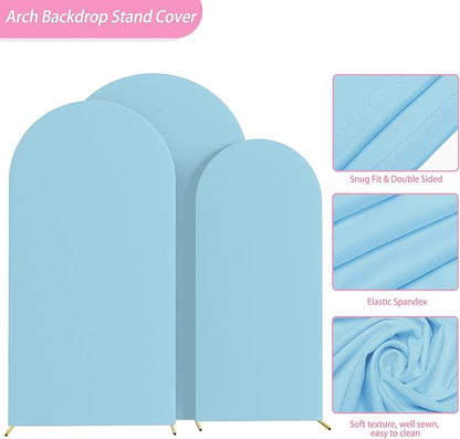 Fomcet Wedding Arch Cover 7.2FT, 6.6FT, 6FT Dusty Blue Spandex Fitted Fabric Backdrop Set of 3 Round Top Chiara Arch Backdrop Stands Covers for Wedding Ceremony Birthday Party Baby Shower Decor