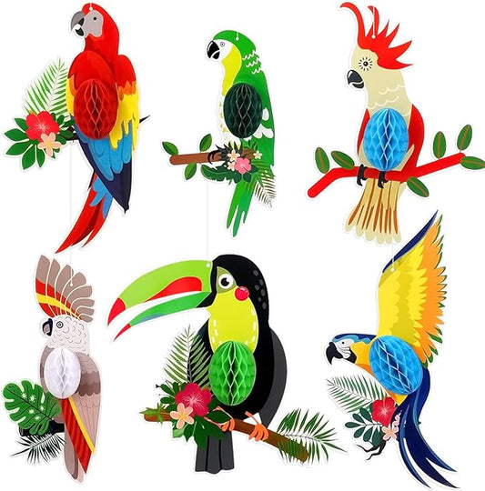 6 Pieces Tropical Birds Honeycomb Cutouts, Large Parrot Hanging Decor Parrot Honeycomb Paper Cutouts for Summer Luau Rainforest Tropical Party Decorations