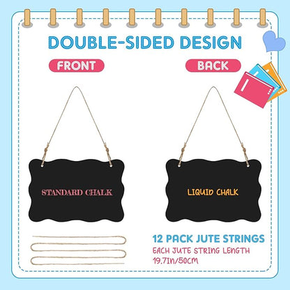 12 Pcs 4 x 6 Acrylic Chalkboard Hanging Sign with Chalk Markers Chalk Board Signs with Hanging String for Wedding Kitchen Home Party Decoration (Wave)