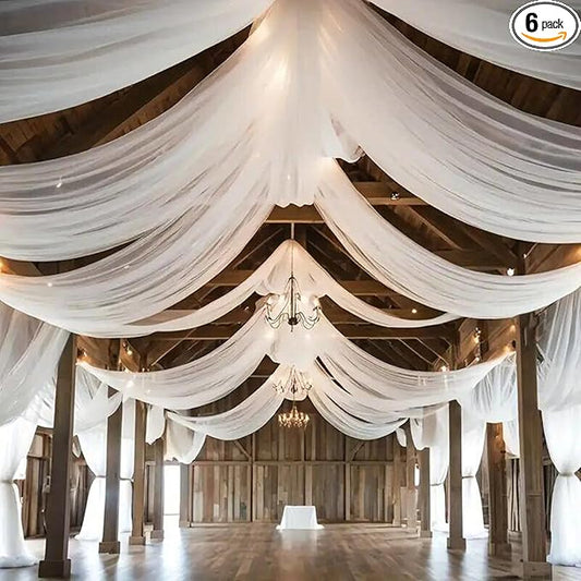 DUOBAO White Wedding Chiffon Ceiling 5x20FT Long Sheer Draping Fabric Photography Backdrops Soft Drapes Curtains for Weddings Arches Christmas Indoor Events, W 5' x L 20'-6 Panels, Snow