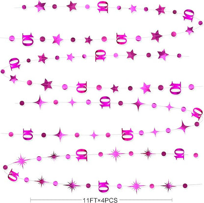 Hot Pink 10th Birthday Decorations Number 10 Circle Dot Twinkle Star Garland Metallic Hanging Streamer Banner Backdrop for Girls Double Digits Ten Year Old Birthday 10th Anniversary Party Supplies
