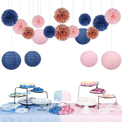 Rose-Gold Navy-Blue Pink Party Decorations - 18pcs Gender Reveal Decor,Tissue Pom Poms Event Supplies,Paper Flowers,Paper Lanterns,Baby Shower decoration,Birthday,Engagement,Bachelorette,Wedding