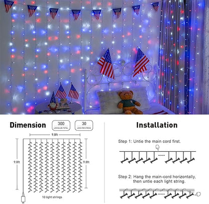 JMEXSUSS 300LED Red White and Blue Lights with Remote, 4th of July Lights Plug in, Patriots Curtain Hanging String Lights for Bedroom Wall Window Backdrop Indoor Outdoor 4th of July Decor, 9.8x9.8ft