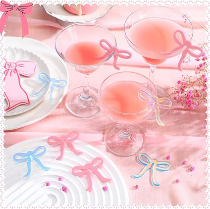 36 Pcs Bow Drink Markers Acrylic Drink Tags Bowknot Wine Glass Charms for Bachelorette Coquette Birthday Cocktail Wedding Decoration Bridal Shower Party Favors