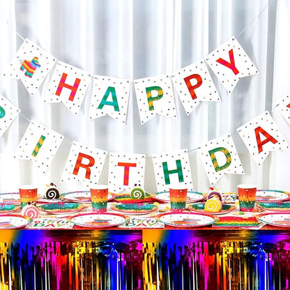 4 Pack 29x108 Inch Metallic Foil Fringe Tinsel Table Skirts for Rectangle Tables Streamer Backdrop for Wedding, Birthday, Parade Floats, Christmas, Halloween Party Decoration(Rainbow)