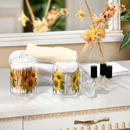 Gredecor Qtip Holder Dispenser 2 Pack Yellow Watercolor Sunflowers Bathroom Decorative Storage Canister Holder Counter Vanity Organizer for Cotton Ball Swabs Pads Floss