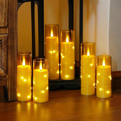 Gold Flameless Candles with Remote and String Light, 2.2"x 5",5",6",7",7",8" LED Battery Operated Plastic Flickering Timer Pillar Candles(Pack of 6,Turn On/Off String Light Mode)