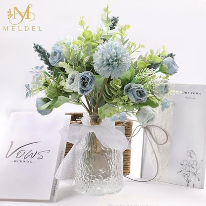 Meldel 3Pcs Rose Bouquet Blue Artificial Flowers Fake Eucalyptus Plants Silk Flower Arrangements Wedding Bouquets Decorations Plastic Floral Table Centerpieces for Home Kitchen Garden Party Decor