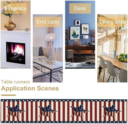 4th of July Table Runner, Patriotic Independence Day American Stars Stripes Flag Print Table Runner for Farmhouse Kitchen Dining Holiday Birthday Party, 13x90inch