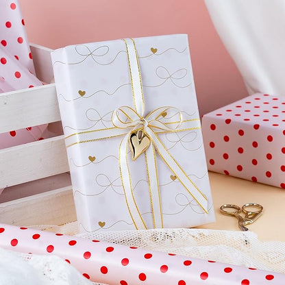 Flyhill Red Polka Dot Wrapping Paper,Reversible Pink Gold Elegant Bow & Heart Gift Wrap Suitable for Birthday,Girls,Baby Shower,Wedding (17 Inch X 32.8 Feet)