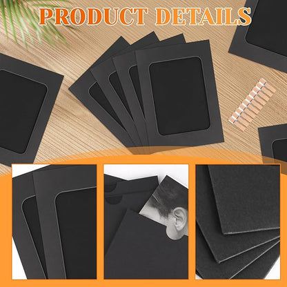 100 Pack Paper Picture Frames, 4x6 Inch Photo Strip Frame Hanging Photo Display Banner, Black Photo Holder with Wooden Clips and String for Wall Decor and Party Supplies