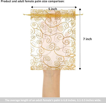 Staruby Organza Gift Bags 100Pcs Gold Sheer Organza Bag 5x7 Inch Mesh Favor Bags Drawstring Jewelry Rattan Printed Gift Pouches for Wedding Party Favors Couple Shower Christmas Gifts Candy Bags