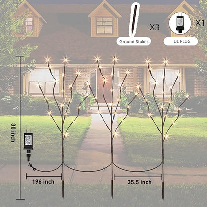 PEIDUO Lighted Brown Branches with Timer, 30Inch 3PK 60 LED Pathway Lights, Willow Branch Lights for Home Decorations Indoor Apartment Outdoor Stake Lights for Lawn