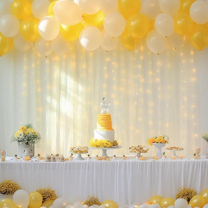 10×10ft Cream White Tulle Backdrop Curtain with Lights String for Parites, Sheer Photo Curtain Backdrop Drapes for Wedding Party Photography Backgrounds