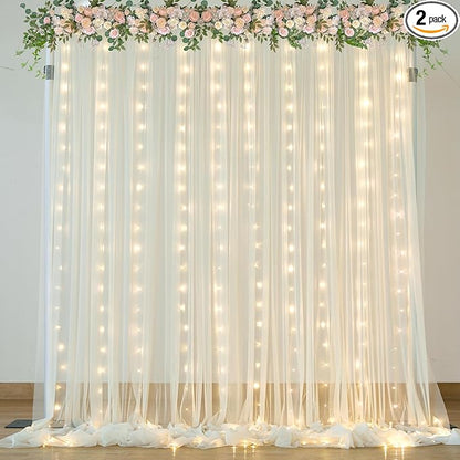 Ivory Sheer Backdrop Curtains with Lights String for Parites Wedding 10×8ft Tulle Backdrop Curtains for Baby Shower Birthday Party Photo Shoot Background Decorations