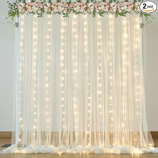 Ivory Tulle Backdrop Curtains with Lights String for Parites Wedding 10×10ft Sheer Backdrop Curtains for Baby Shower Birthday Party Photo Shoot Background Decorations