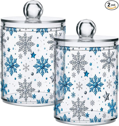 Gredecor Christmas Winter Qtip Holder Dispenser 2 Pack Silver Blue Glitter Snowflakes Bathroom Decorative Storage Canister Holder Counter Vanity Organizer for Cotton Ball Swabs Pads Floss