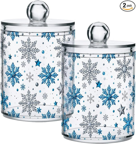 Gredecor Christmas Winter Qtip Holder Dispenser 2 Pack Silver Blue Glitter Snowflakes Bathroom Decorative Storage Canister Holder Counter Vanity Organizer for Cotton Ball Swabs Pads Floss