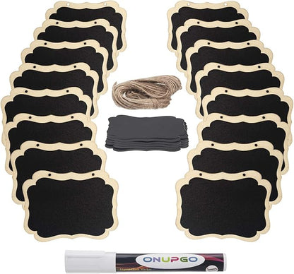 ONUPGO 16 Pack Chalkboard Tags with Liquid Chalk Marker, Double Sided Blackboard with Hanging String, Wooden Mini Erasable Chalkboard Signs, Hanging Chalkboard Labels, Price Tags, Message Tags