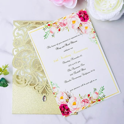 Hosmsua 50PCS Personalized Wedding Invitations Kit 5.12 x 7.3 Laser Cut Hollow Rose Rhinestone Pocket with Envelope for Wedding Quinceanera Invite (Champagne Gold Glitter)