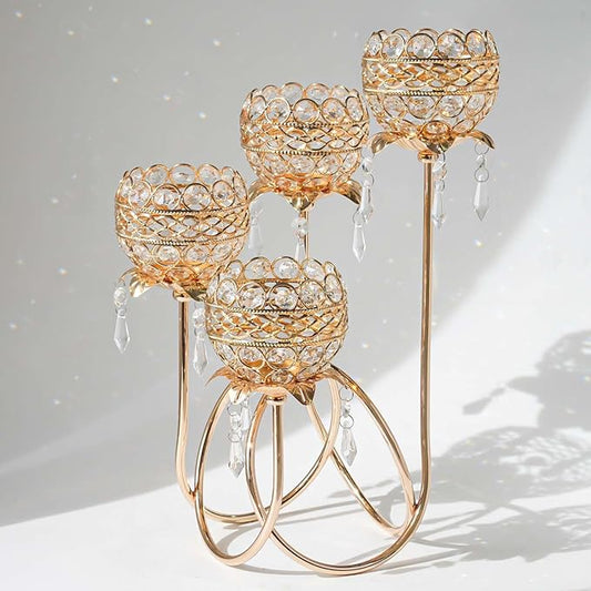 4 Arms Crystal Candelabra Tealight Holder - Tall 15.7 Inch Elegant Centerpiece with Crystal Pendant Bowls & Artistic Metal Stand for Wedding, Dining Table, Home Decor (1, Gold)
