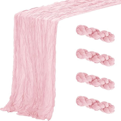 Aktor 4 Pack Pink Table Runner Boho Cheesecloth Table Runner Semi Sheer Gauze Fabric Runners for Wedding Birthday Baby Shower Party Boho Table Decoration（Pink）