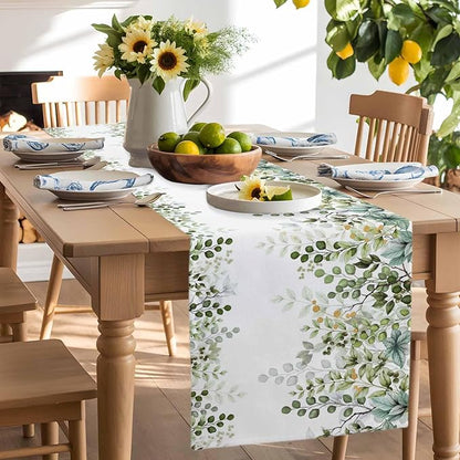 Sage Green Eucalyptus Cotton Linen Table Runner for Dining Kitchen, Farmhouse Leaves Wedding Outdoor Party Tablerunners Decoration Botanical Floral Dresser Scarf Coffee Tablecloth Runners 13x48 Inches