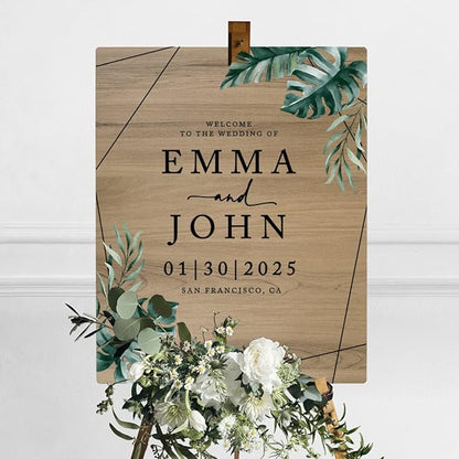 Andaz Press Large Wooden Welcome Sign for Wedding, Rustic Welcome Sign 16" x 20" Custom Names Tropical Monstera Palm Wedding Signage English Oak MDF Wood Finish Wedding Reception Indoor Outdoor Signs