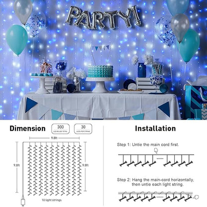 JMEXSUSS 300LED Christmas Curtain Lights Plug in with Remote, Blue and White Christmas Lights Indoor Outdoor, 8 Modes Hanging Fairy String Lights for Bedroom Window Wall Yard Patio Decor, 9.8x9.8ft