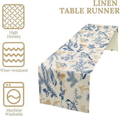 Chinoiserie Flowers Table Runner, Seasonal Spring Fall Plants Blue Florals Birds Dinner Runner for Home Kitchen Dining Table Party Holiday Decoration 13"x108"