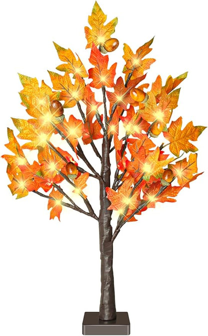 24 Inch Lighted Maple Tree with 36 Lights, 6 Acorn, Timer Battery Operated Tabletop Artificial Fall Tree for Thanksgiving Harvest Home Decor, Fall Table Centerpiece Decorations