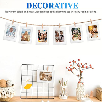 100 Pack Paper Picture Frames, 4x6 Inch Photo Strip Frame Hanging Photo Display Banner, White Photo Holder with Wooden Clips and String for Wall Decor and Party Supplies