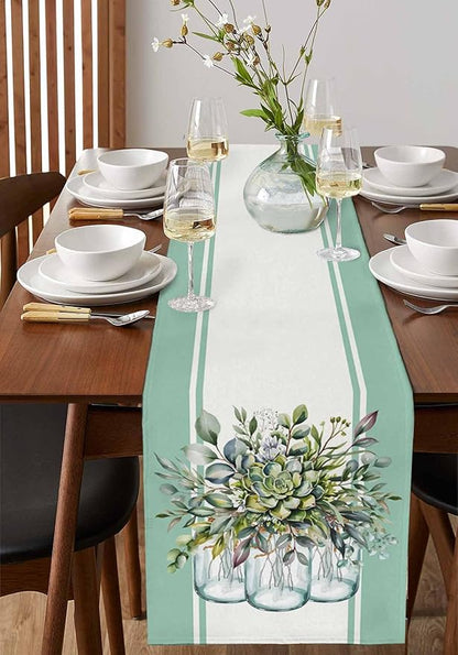Eucalyptus Cotton Linen Table Runner for Dining Kitchen, Wedding Outdoor Party Tablerunners Decoration, Green Leaves Botanical Plants Watercolor Dresser Scarf Coffee Tablecloth Runners 13x60 Inches