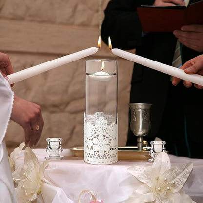 Irenare Unity Candles with Holder for Wedding Ceremony Wedding Decortions Accessories Glass Candle Holder Pillar Candle for Formal Events Church(Lace)