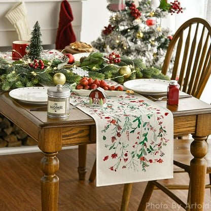 Artoid Mode Floral Leaves Christmas Table Runner, Wild Flowers and Grasses Winter Kitchen Dining Table Decoration for Home Party Decor 13x48 Inch