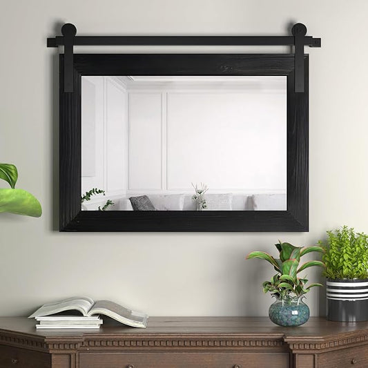 COGOOD Farmhouse Barn Door Mirror - 25" x 18" Rustic Wood Framed Decrative Mirror for Bathroom, Living Room, Entryway Wall Decor (Black)