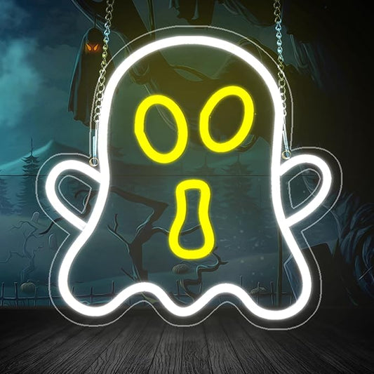 Halloween White Ghost Neon Sign Halloween, USB Halloween Neon LED Light for Wall Decor, White Ghost Halloween Sign Decorations for Home Bar Salon Coffee Stores Porch Front Door