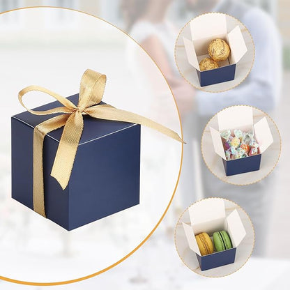 EUSOAR Favor Boxes, 120pcs 2x2x2 Inches Royal Blue Small Treat Boxes Mini Cookies Container with Gold Ribbon, Paper Cube Macaron Candy Box Soap Storage for Wedding Birthday Party DIY Supplies