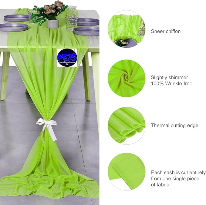 MDS Halloween Chiffon Table Runner - 20 Pack, 29 x 170 Inches, 14ft Each - Sheer Spooky Table Runners for Haunted House Parties, Trick-or-Treat Tables, Witchy Décor, Wedding & Events - Parrot Green