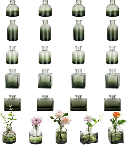 Glasseam Mini Bud Vases for Centerpieces: Clear Small Flower Vase Set of 20 Cute Tiny Glass Table Centerpieces Modern Wedding Birthday Party Baby Shower Dining Room Decoration Green