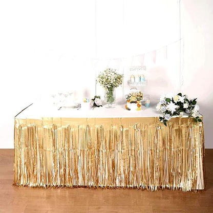 4 Pack 29x108 Inch Metallic Foil Fringe Tinsel Table Skirts for Rectangle Tables Streamer Curtains Backdrop for Christmas, Birthday, Parade Floats, Halloween Party Supplies(Champagne Gold)