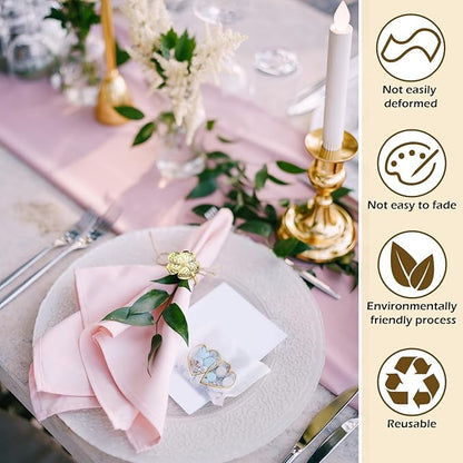 Bokon 50 Pcs Gold Napkin Rings Metal Napkin Holders Rings Bulk for Dining Anniversary Wedding Dinner Birthday Holiday Party Banquet Table Decoration (Flower)